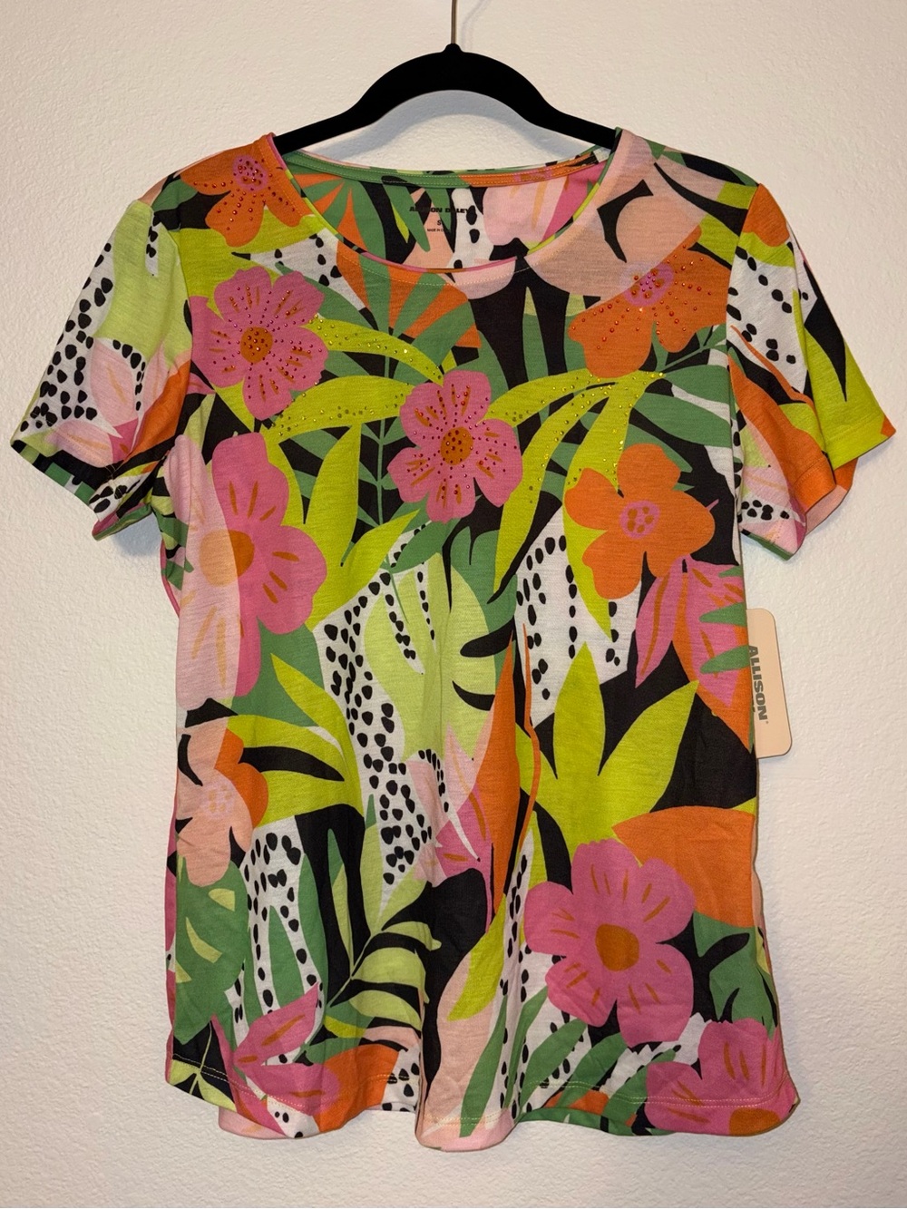 NWT Allison Daley Tropical Floral Rhinestone T-Shirt Top S Pink Orange Green